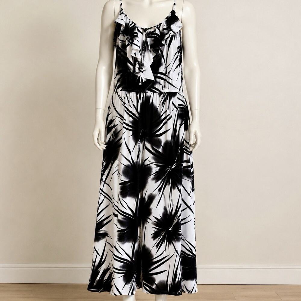 NEW Women's Dress Size L Summer Sleeveless Black & White Abstract Floral Beach